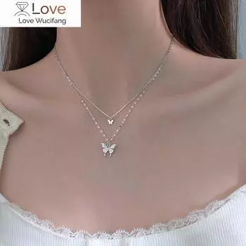 Ожерелье-бабочка из серебра 925 пробы с цирконием, колье-чокер, блестящий золотой воротник для женщин, двухслойная цепочка для ключицы, ювелирное изделие золотой