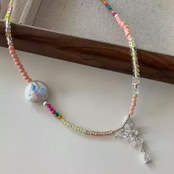 Ожерелье-бабочка, женская летняя цепочка на ключицу из натурального камня цвета допамина, модная простая высококачественная цепочка на шею с жемчугом розовый