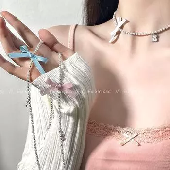 Ожерелье-балет с жемчужным медведем и бантом — симпатичная и универсальная цепочка на ключицу для женщин белый