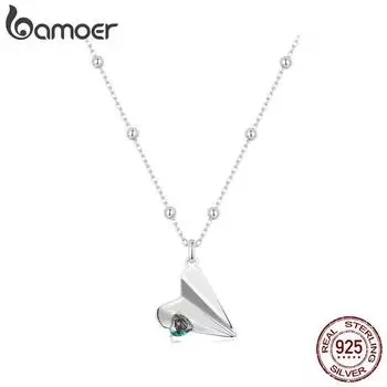 Ожерелье BAMOER из стерлингового серебра 925 пробы с сердцем, оригами, бумажный самолетик, белое золото, простое треугольное бумажное ожерелье-самолет для женщин, пара SCN516