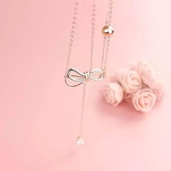 Ожерелье-бантик из стерлингового серебра 925 пробы с кисточками из розового золота и бриллиантами, двухцветное корейское модное ожерелье 925