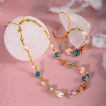 Ожерелье Близнецы Набор браслетов Лунный камень, Солнечный камень, Халцедон, Кианит, Синий апатит, Розовый кварц, Зеленый авантюрин