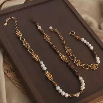 Ожерелье-браслет ручной работы из камня тигровый глаз и пресноводного жемчуга в европейском и американском дворцовом стиле