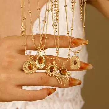 Ожерелье-цепочка для свитера с подвеской в стиле ретро «Осень-зима» из древнего тигрового глаза «Мелар» 1 pcs