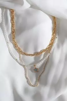 Ожерелье-цепочка из трех частей с жемчугом и синей эмалированной звездой золотистого цвета