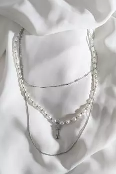 Ожерелье-цепочка из трех частей с жемчугом и звездами серебряного цвета