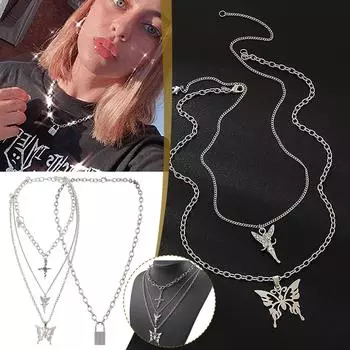 Ожерелье-цепочка с замком-бабочкой, многослойное колье «Ангел», эстетические массивные цепочки серебряный