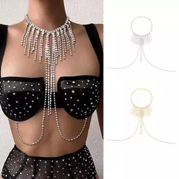 Ожерелье-цепочка со стразами на груди, сексуальный дизайн с кисточками, регулируемая длина, сверкающее ожерелье для тела, повседневный ювелирный аксессуар серебряный