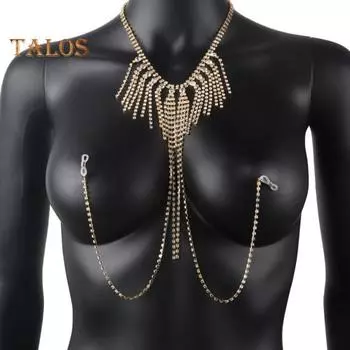 Ожерелье-цепочка со стразами на груди, сексуальный дизайн с кисточками, регулируемая длина, сверкающее ожерелье для тела, повседневный ювелирный аксессуар серебряный