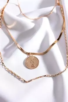 Ожерелье-цепочка золотого цвета из трех частей с пластинчатой подвеской