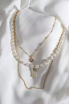 Ожерелье-цепочка золотого цвета с подвеской в виде звезды и жемчугом из трех частей
