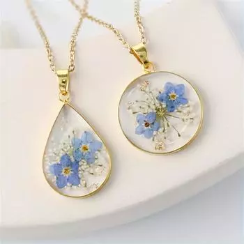 Ожерелье Charm And Queen Anne s Lace Pressed Forget-Me Not True Love And Handmade Pressed Flower Color Ожерелье Flowers Symbolic Water Caple Shape синий