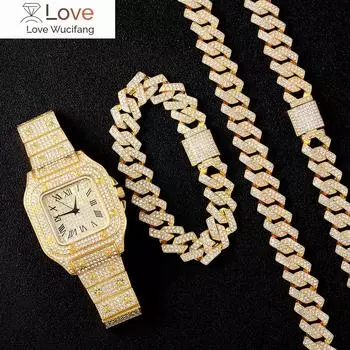 Ожерелье + часы + браслет хип-хоп Майами Curb кубинская цепь серебряного цвета полностью ледяные паве стразы Cz для мужчин ювелирные изделия 8 inch with 20 inch