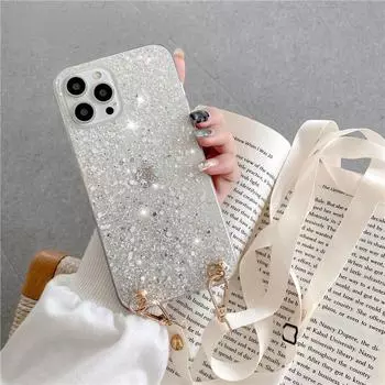 Ожерелье через плечо, блестящий прозрачный мягкий чехол для iphone13 14 12 11/Samsung S23 S22 Ultra A14 A34 A54 A13 A23 A33 A53 A12 A22 A32 A52 for iphone 7 розовый