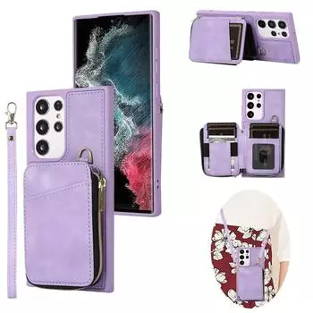 Ожерелье через плечо, ремешок, кожаный чехол для Samsung S23 Ultra S22 Plus S21 FE S20, кошелек на молнии, чехол для карт, сумка для монет, кошелек Samsung S23 Ultra чёрный