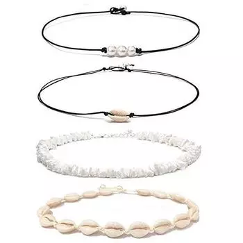 Ожерелье-чокер из ракушки Puka Cowrie для женщин, гавайское пляжное ожерелье-чокер с ракушками и жемчугом, массивное регулируемое ожерелье из шнура, комплект Style-2