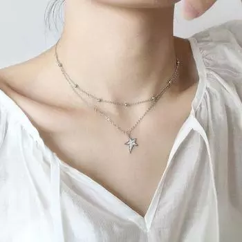 Ожерелье-чокер из стерлингового серебра 925 пробы с двухслойной цепочкой из бисера и звездой, ожерелье-колье с микро кубическим цирконием для женщин 40cm add 5cm