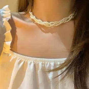 Ожерелье-чокер Элегантное многослойное ожерелье из искусственного жемчуга Модное ювелирное ожерелье из сплава для повседневного ношения белый