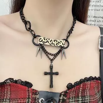 Ожерелье-чокер с заклепками и леопардовым принтом — панк, мило и стильно для женщин Leopard Cross чёрный