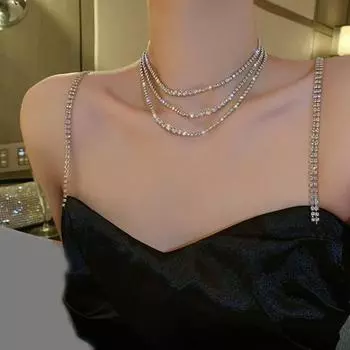 Ожерелье-чокер со сверкающими стразами, регулируемая удлинительная цепочка, простая трехслойная короткая белый