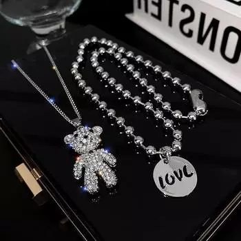 Ожерелье для женщин, модное, двухслойное, цепочка из бусин, блестящий циркон, подвеска в виде медведя, трендовые украшения для вечеринок
