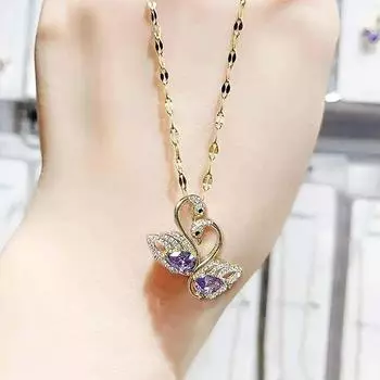 Ожерелье «Двойной лебедь» для женщин, титановая сталь, аметист