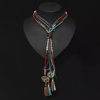 Ожерелье Exaggeration в стиле бохо с длинными круглыми бусинами и кисточками розовый