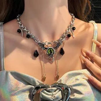 Ожерелье Eye Ghost Women Wings Punk Gothic ожерелье Temperament Metal Chain ожерелье для девочек серебряный/зелёный
