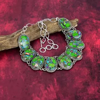 Ожерелье Fiesta Kingman с бирюзой, ювелирные изделия из стерлингового серебра 925 пробы, регулируемая цепочка из драгоценных камней, ювелирное ожерелье ручной работы, подарок другу Adjustable With 18 Inches зелёный