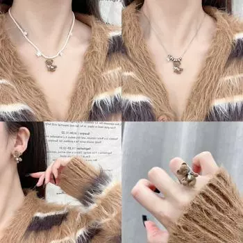 Ожерелье Hello Dongdaemun Bow Bear - Зимний стиль TikTok Fashion Sitting Flocked Bear Ring