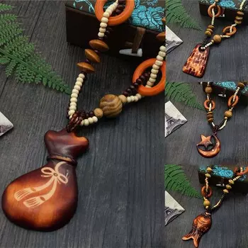 Ожерелье Хлопок Лен Ветер Морской берег Игра Длинное ожерелье Орнамент Деревянная бусина Живописное место 82cm