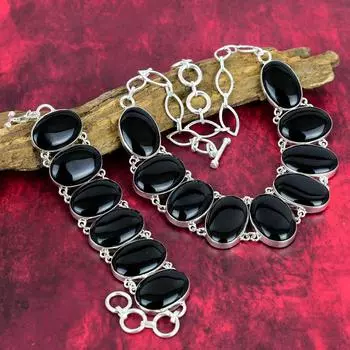 Ожерелье и браслет из черного оникса, комплект ювелирных изделий из драгоценных камней ручной работы новейшего дизайна, ювелирные изделия из стерлингового серебра 925 пробы, подарок для нее Adjustable With 8 -18 чёрный