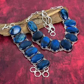 Ожерелье и браслет из твердого серебряного лабрадорита 925 пробы Blue Flash, удивительный комплект ювелирных изделий ручной работы, регулируемые ювелирные изделия из лабрадорита из драгоценного камня для нее Adjustable With 8 -18 синий