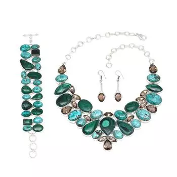 Ожерелье и комплект украшений из малахита и тибетской бирюзы 18-20