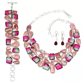 Ожерелье и комплект ювелирных изделий из родохрозита и турмулового кварца 18-20