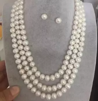 Ожерелье и серьги из трех нитей белого жемчуга Южных морей 9-10 мм