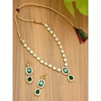 Ожерелье и серьги ZAVERI PEARLS Gold Tone Kundan & Green Stones из свадебной коллекции