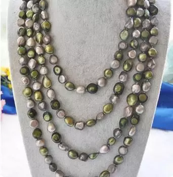 Ожерелье из 100-дюймового серо-зеленого барочного пресноводного жемчуга диаметром 8-9 мм