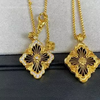 Ожерелье из 18-каратного золота с большим двухсторонним четырехлистным клевером и эмалью Pair yellow and gold