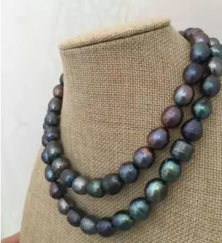 Ожерелье из 2 нитей 8-9 мм с таитянским черным зеленым жемчугом в стиле барокко