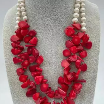 Ожерелье из 2 нитей длиной 19 дюймов и длиной 11 м с цветочным красным кораллом и белым жемчугом НОВИНКА