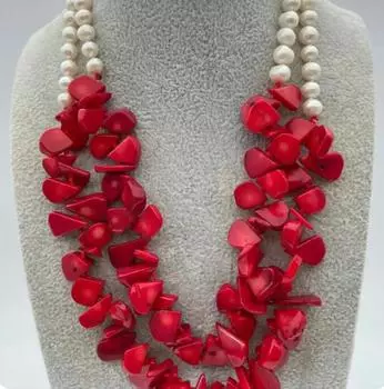 Ожерелье из 2 нитей длиной 19 дюймов и длиной 11 м с цветочным красным кораллом и белым жемчугом НОВИНКА