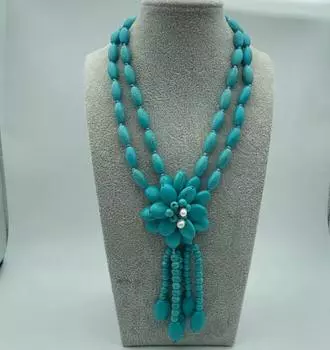 Ожерелье из 2 нитей синего риса с круглым бирюзовым цветком и бусинами длиной 18 дюймов