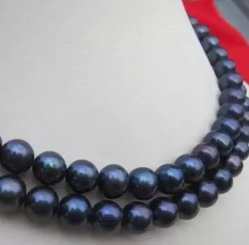 ОЖЕРЕЛЬЕ ИЗ 2 РЯДОВ 8-9 мм ТАИТЯНСКОГО НАТУРАЛЬНОГО ЧЕРНОГО ЖЕМЧУГА ЖЕЛТО-ЗОЛОТО 17-18