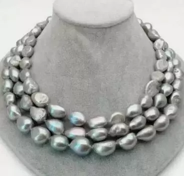 Ожерелье из 3-х нитей с культивированным серым жемчугом в стиле барокко диаметром 9–10 мм, длина 17–19 дюймов