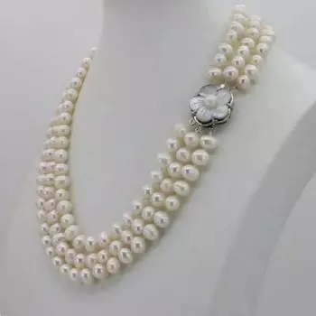 Ожерелье из 3-х рядов белого пресноводного жемчуга диаметром 7-8 мм