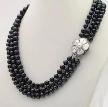 Ожерелье из 3-х рядов черного пресноводного жемчуга диаметром 7-8 мм