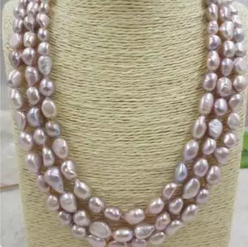Ожерелье из 3-х рядов фиолетового барочного жемчуга диаметром 9-10 мм из натурального пресноводного жемчуга