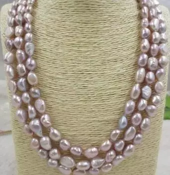 Ожерелье из 3-х рядов фиолетового барочного жемчуга диаметром 9-10 мм из натурального пресноводного жемчуга