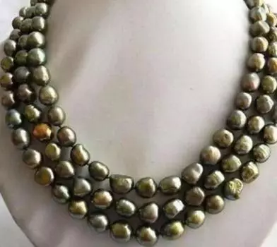 Ожерелье из 3 нитей, 18 дюймов, 8-9 мм, с зеленым барочным пресноводным жемчугом